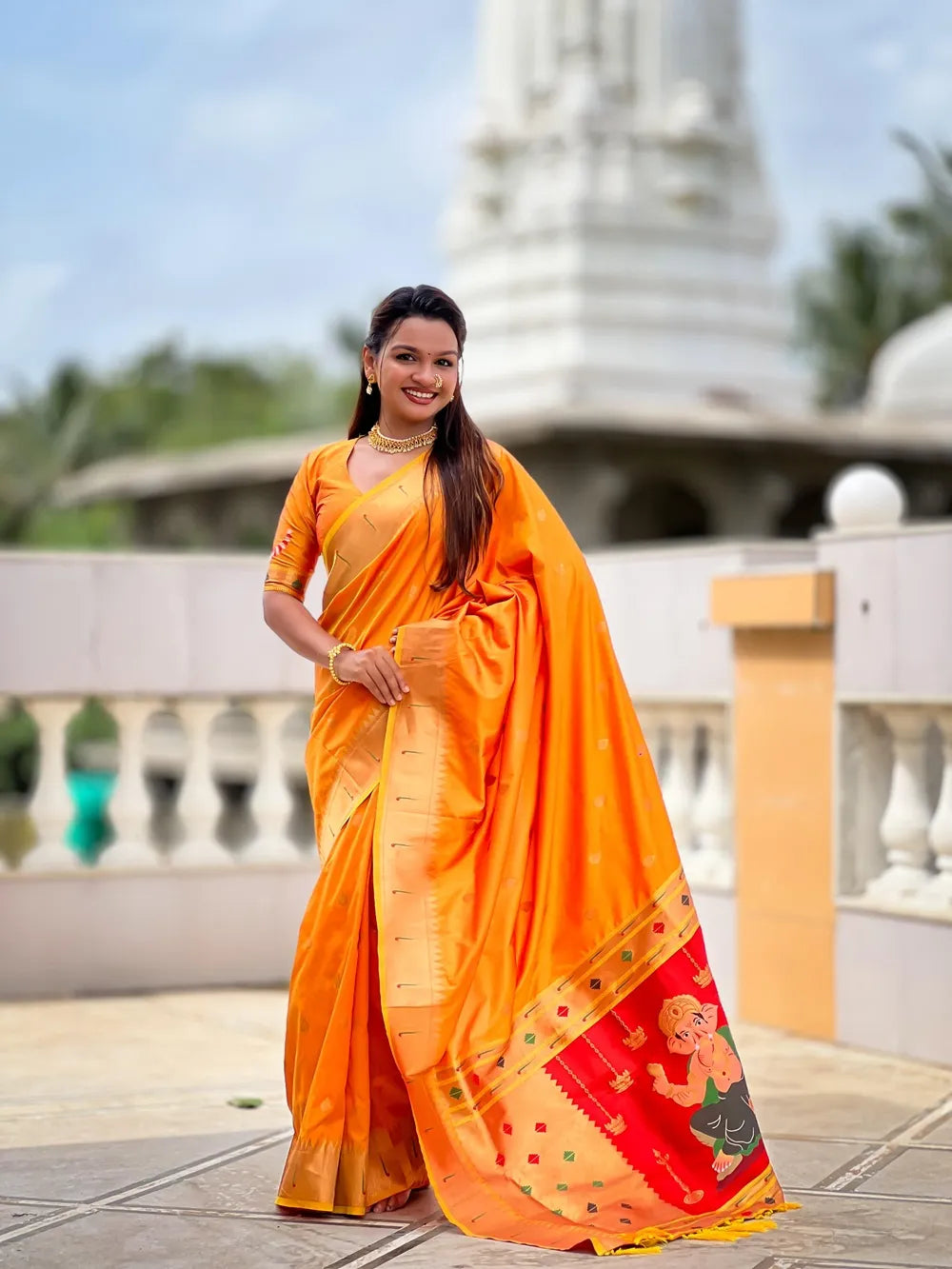 Traditional Paithani Silk Saree with Ganapati Pallu & Zari Weaving (Orange)